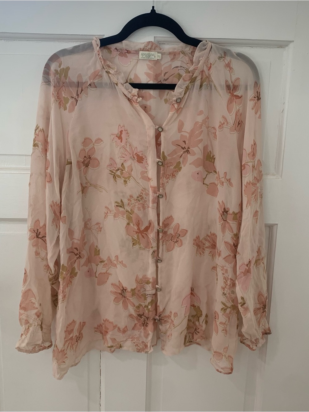 Spartina 449 Silk Floral Button Front Blouse Ruffle Feminine Sheer Size XL - Picture 2 of 10